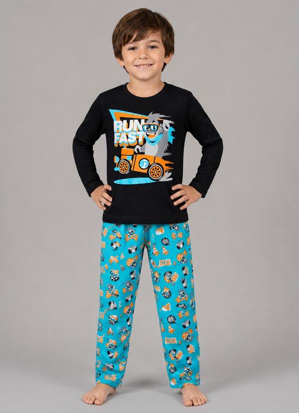 Pijama Menino Manga Longa Meia Malha Preto