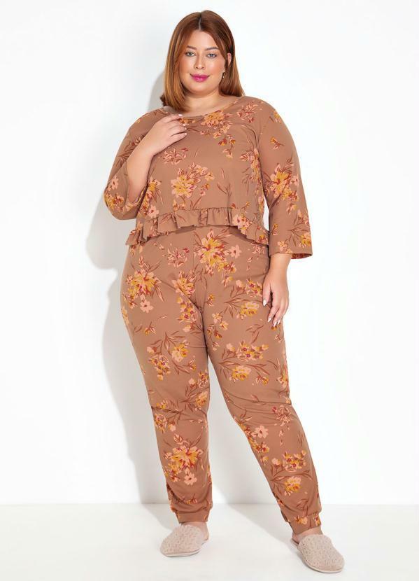 Pijama Cropped Floral Marrom