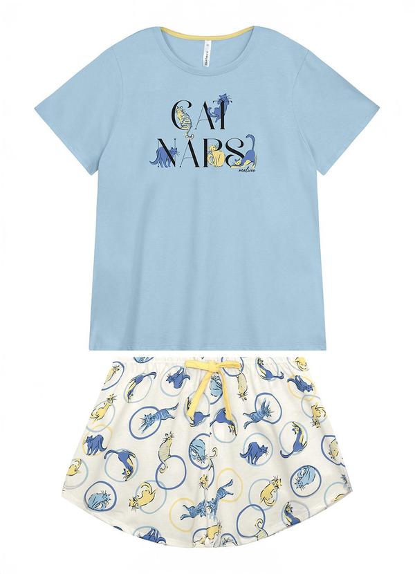 Pijama Curto Cats Naps Azul Claro