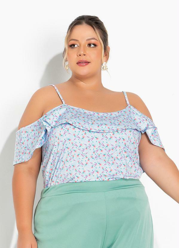 Blusa Floral Liberty Azul com Babado Plus Size