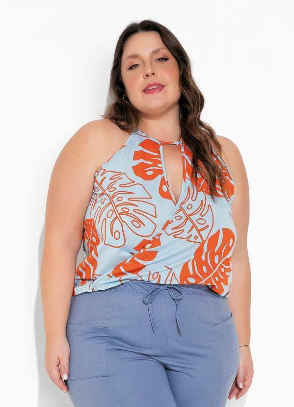 Blusa Folhas Azul Transpassada Plus Sizeok
