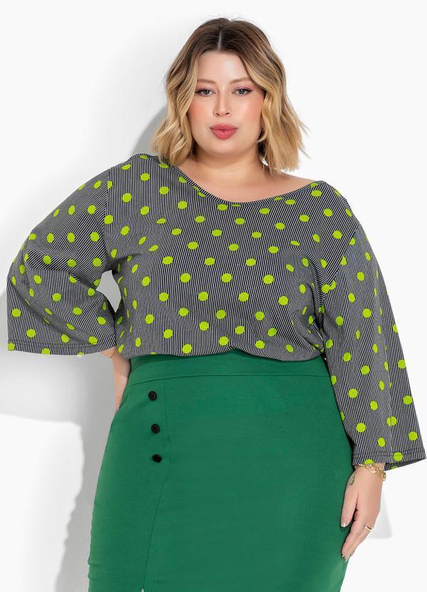 Blusa Poá e Listras com Mangas Amplas Plus Size