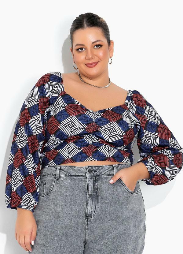 Cropped Geométrico Azul com Elástico Plus Size