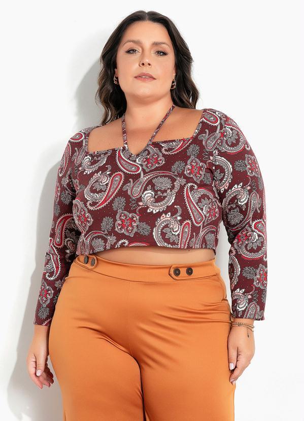 Cropped Paisley Bordô Gota no Decote Plus Size