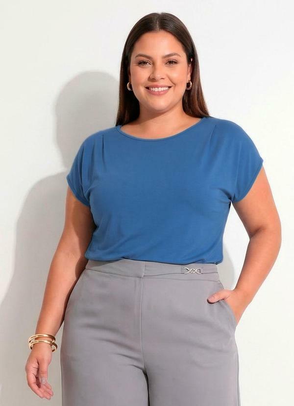 Blusa Azul Médio em Malha de Viscose