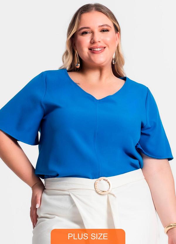 Blusa Básica Decote V Feminina Azul