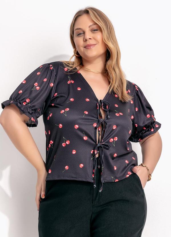 Blusa Cereja Preta em Malha Crepe