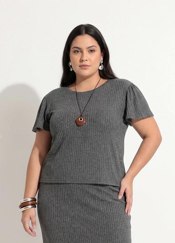 Blusa Cinza em Malha Canelada com Brilho