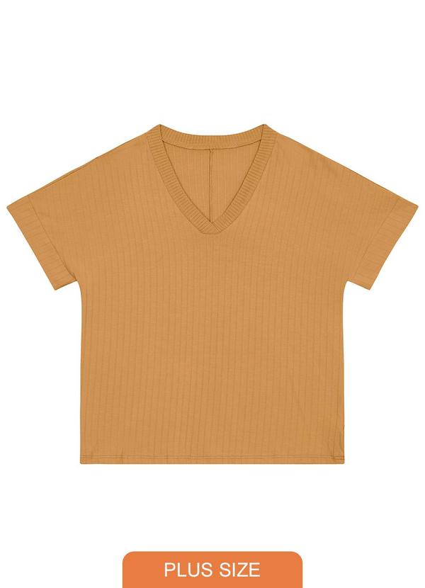 Blusa Decote V Canelada Plus Amarelo Mostarda