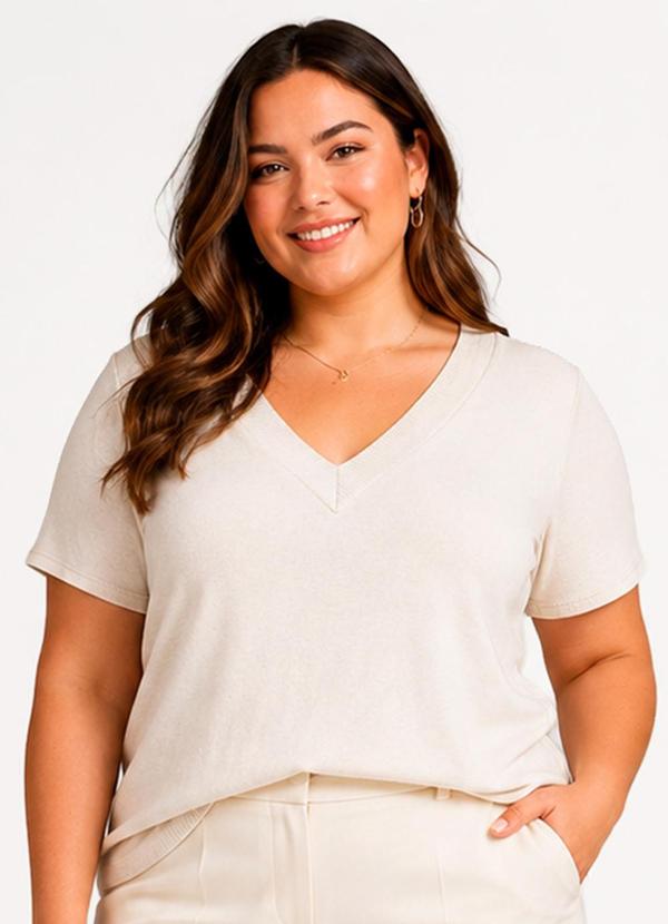 Blusa Feminina em Visco Tricot e Ribana Bege