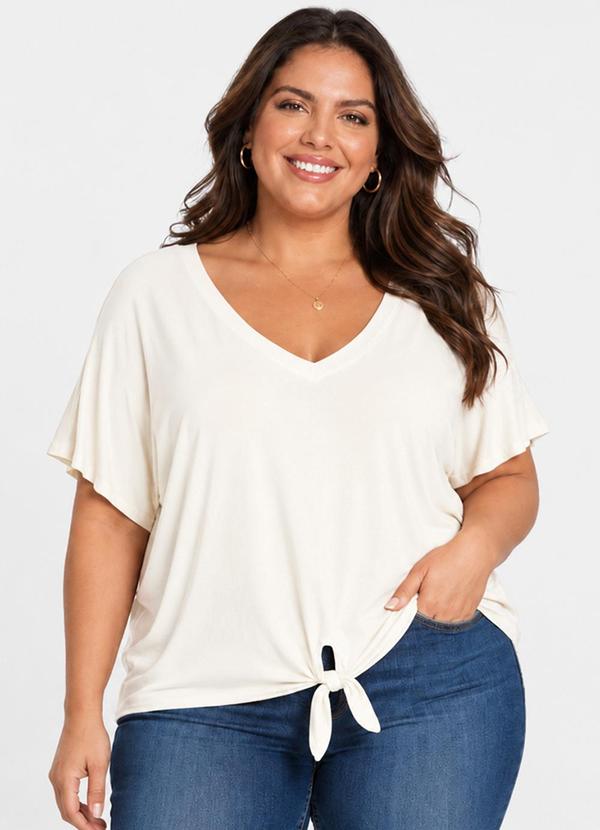 Blusa Feminina Manga Curta Decote em V Bege