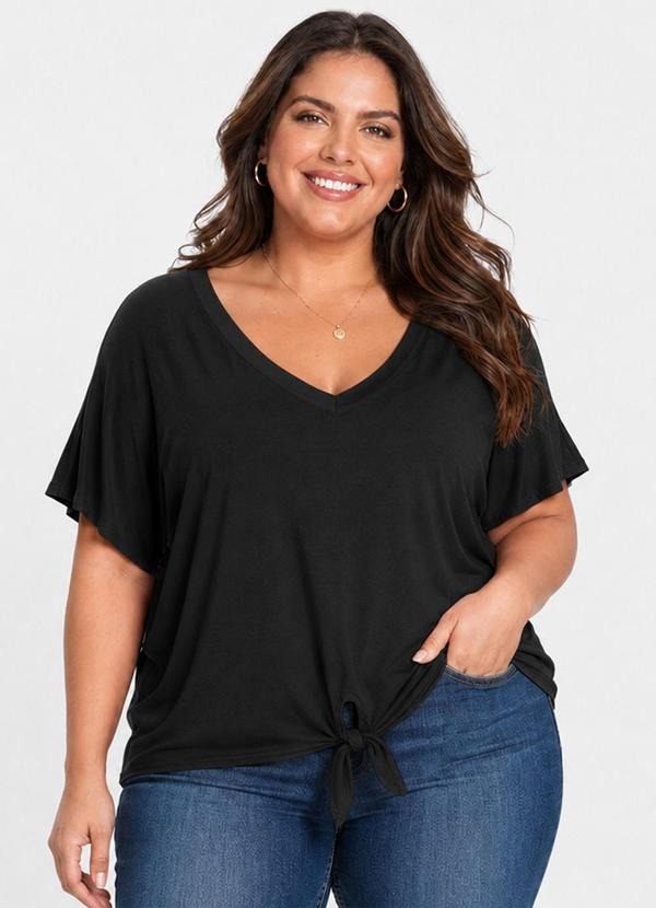 Blusa Feminina Manga Curta Decote em V Preto