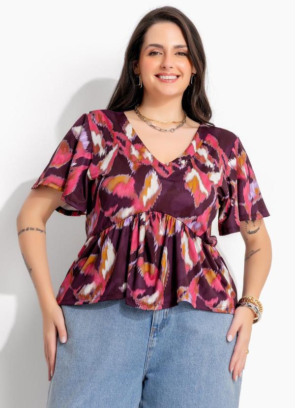 Blusa Floral Borrado Vermelho Estilo Bara em Malha Fria
