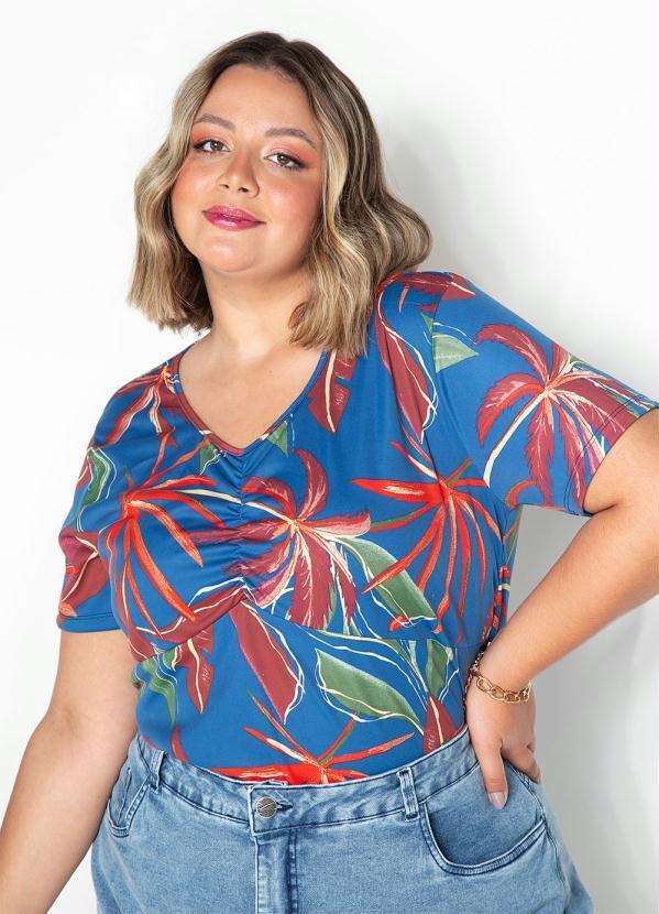 Blusa Folhas Azul com Elástico Plus Size