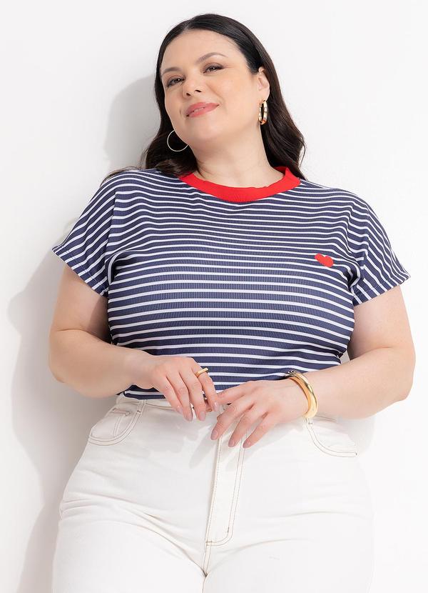 Blusa Listra Azul em Ribana Canelada com Bordado