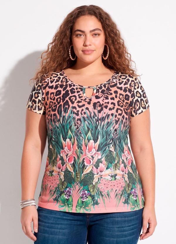 Blusa Onça e Floral com Vazado no Decote