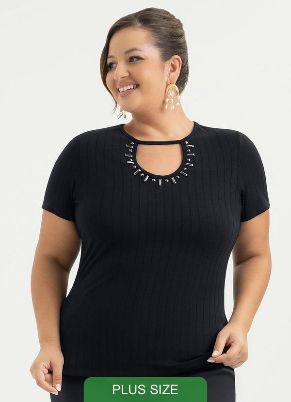 Blusa Plus Size Decote Gota Canelada Preto