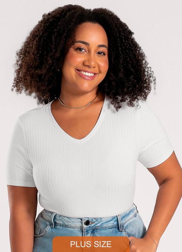 Vista 2 Blusa Plus Size Decote V em Canelado Branco Cativa Cativa