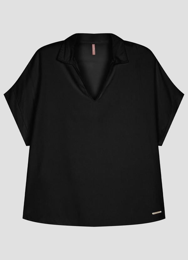 Blusa Plus Size em Twill Gola Lapela Preto