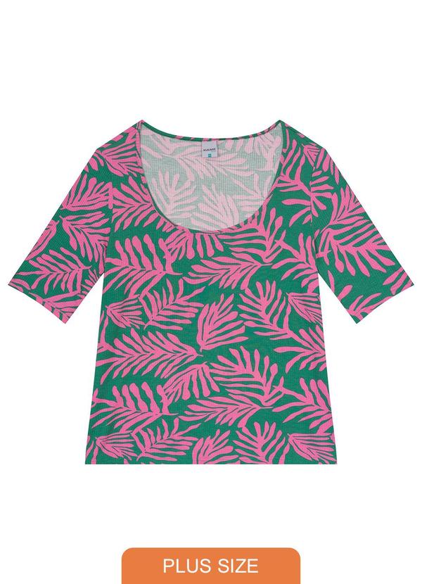 Blusa Verde Justa Tropical em Malha Canelada