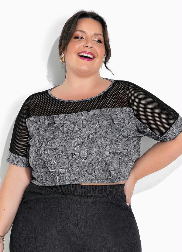 Cropped Folhas Preta com Transparência Plus Size
