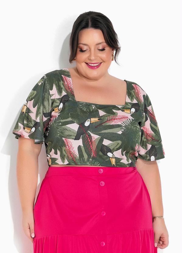 Cropped Folhas Verde com Mangas Amplas Plus Size