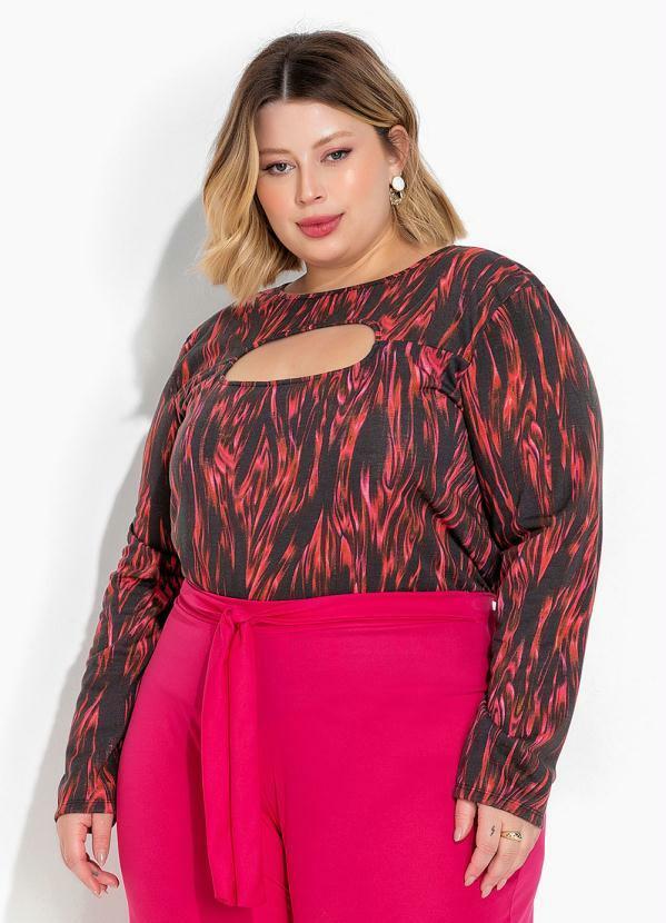 Blusa Abstrata Preta Recorte Vazado Plus Size