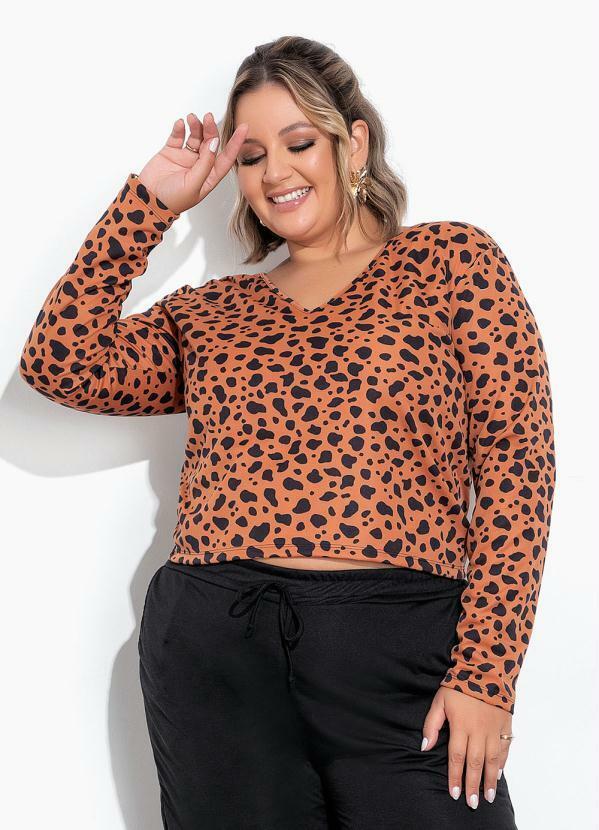 Blusa Animal Print com Decote V Plus Size