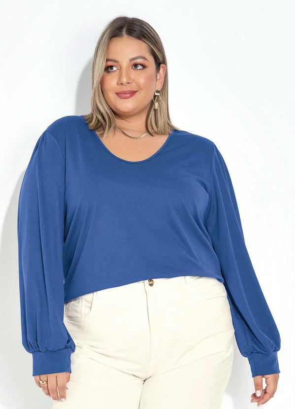 Blusa Azul com Franzidos e Mangas Plus Size