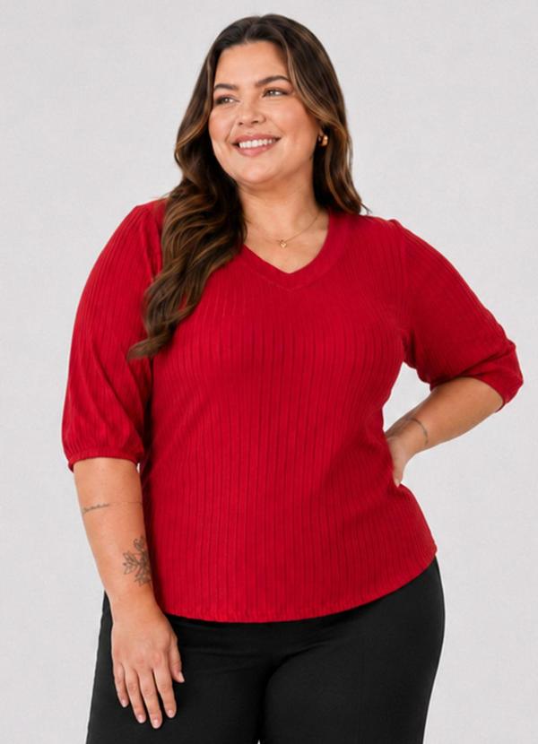 Blusa Canelada Plus Decote em V Vermelho