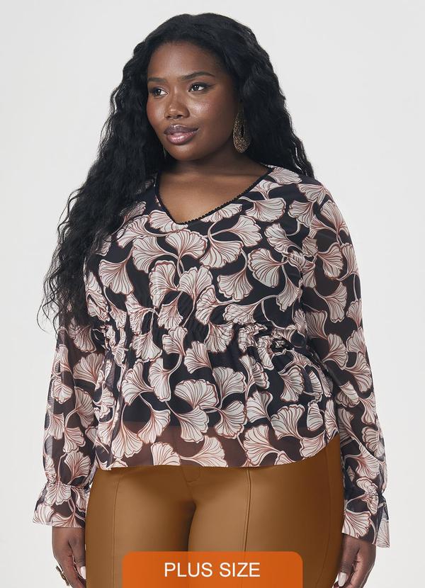 Blusa Decote V Estampada de Manga Longa Preta