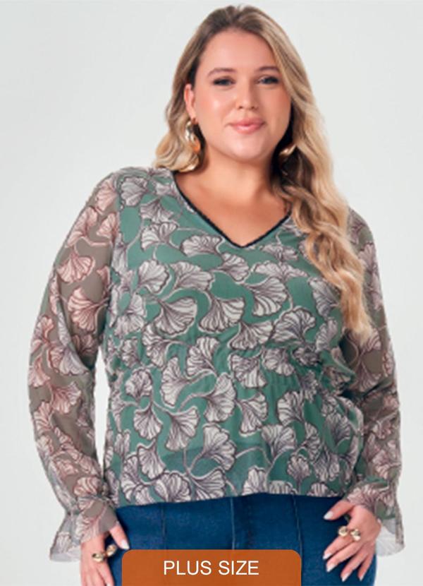 Blusa Decote V Estampada de Manga Longa Verde