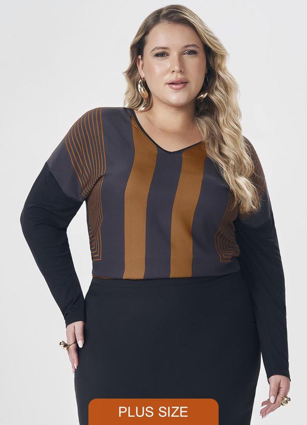 Blusa Decote V Geométrica de Manga Longa Laranja