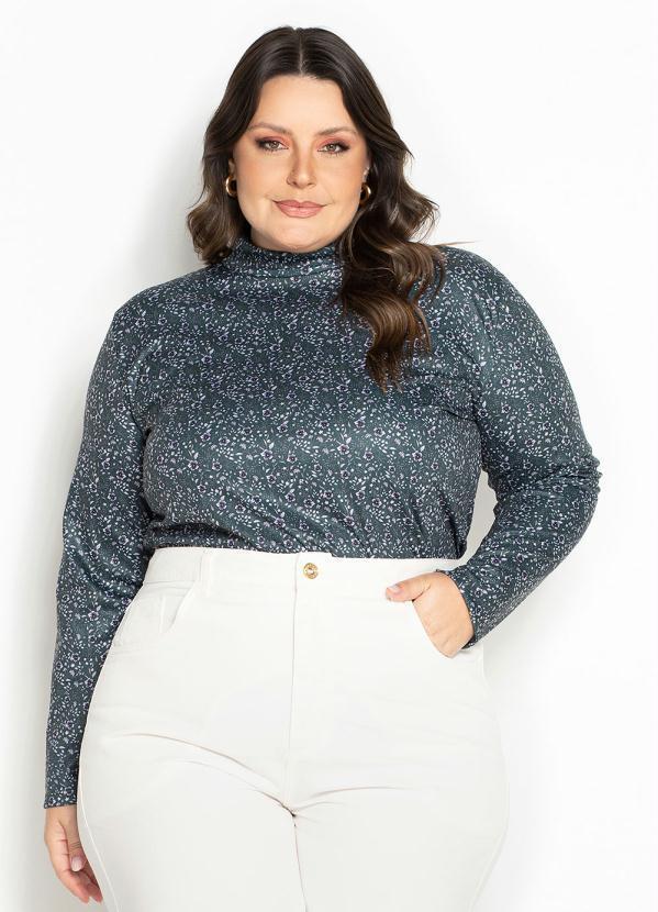 Blusa Floral Verde com Gola Babado Plus Size