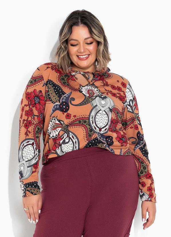 Blusa Lenço Marrom com Gola Frufru Plus Size