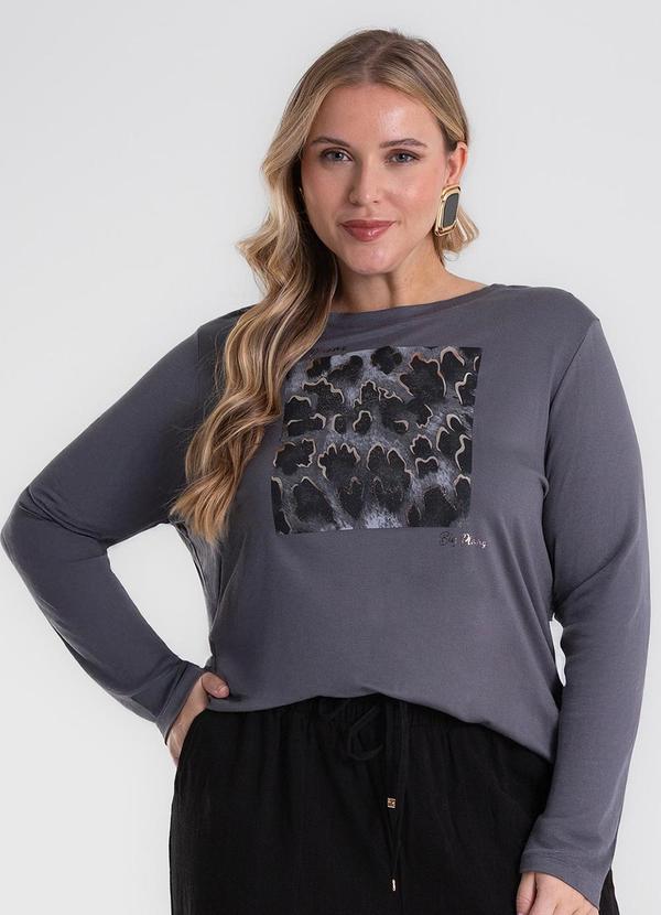 Blusa Manga Longa Estampa Plus Size Cinza