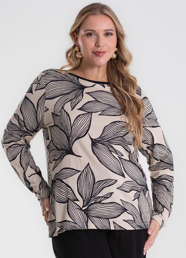 Blusa Manga Longa Estampada Plus Size Bege