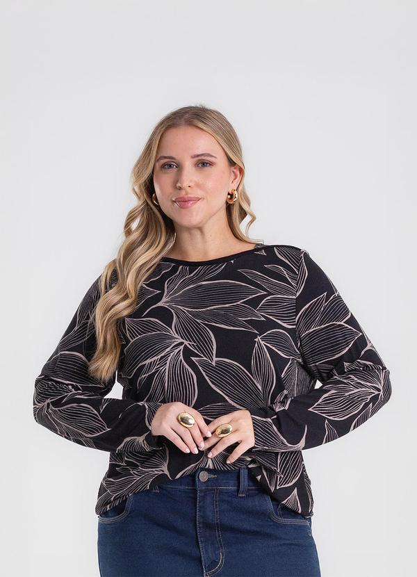 Blusa Manga Longa Estampada Plus Size Preto