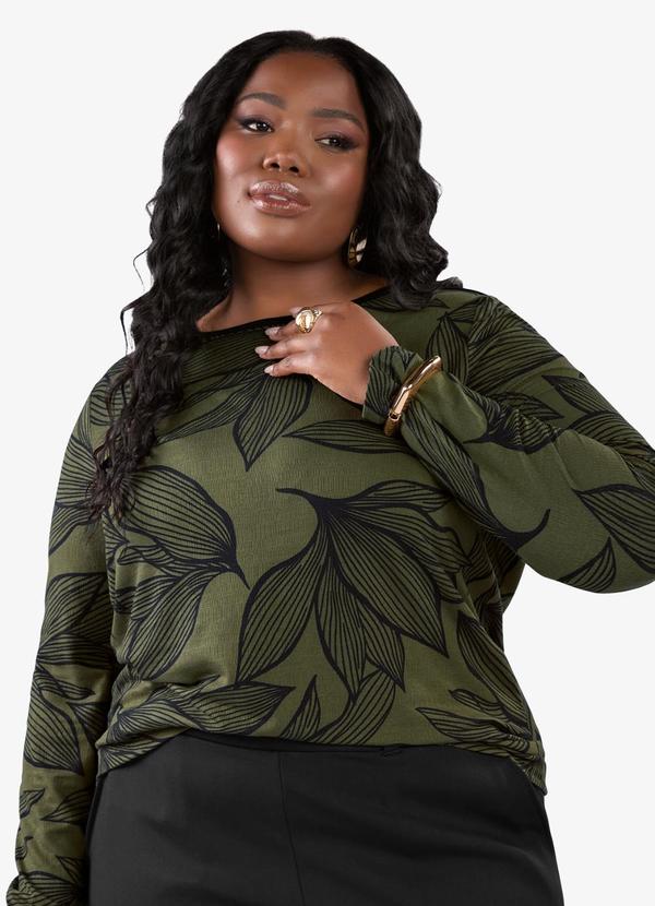 Blusa Manga Longa Estampada Plus Size Verde