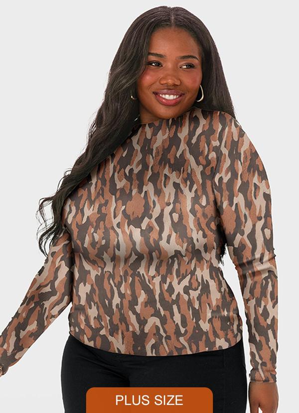 Blusa Marrom Justa Animal Print em Tule