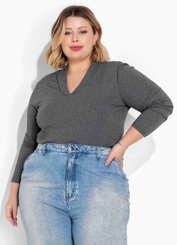 Blusa Mescla com Gola em Ribana Plus Size