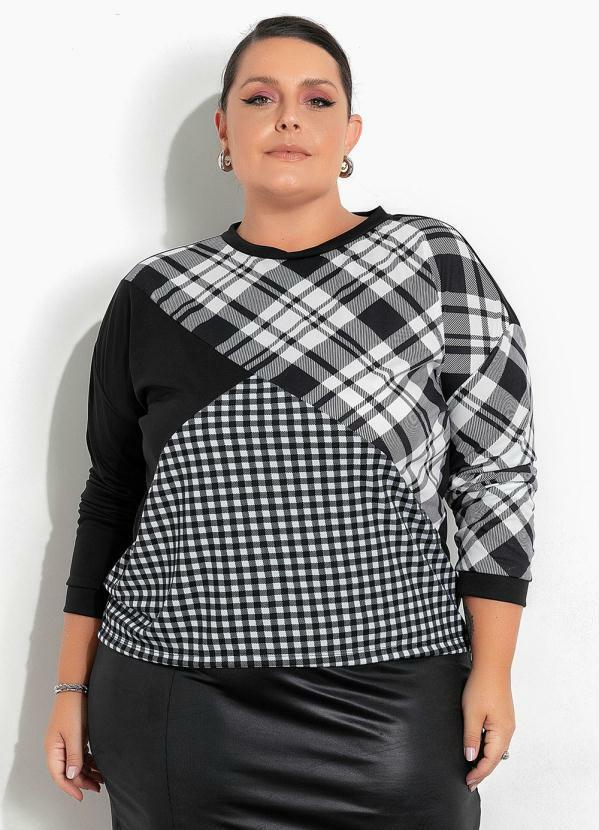 Blusa Xadrez e Preta com Recortes Plus Size
