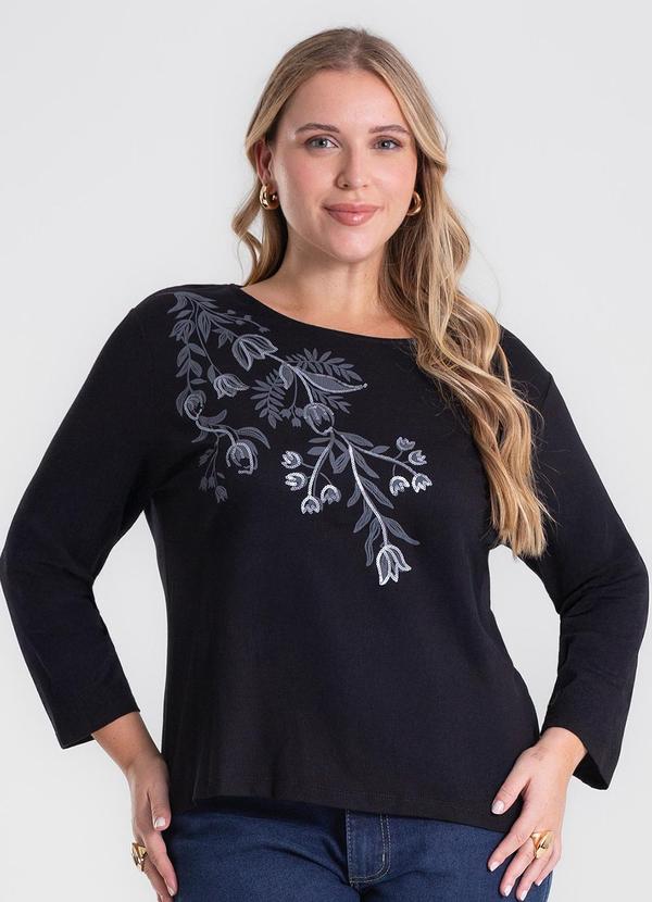 Busa de Manga Longa Bordado Plus Size Preto