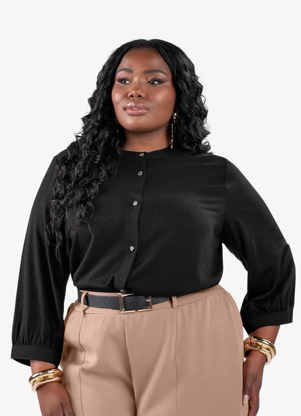 Camisa Manga 3/4 Gola Padre Plus Size Preto