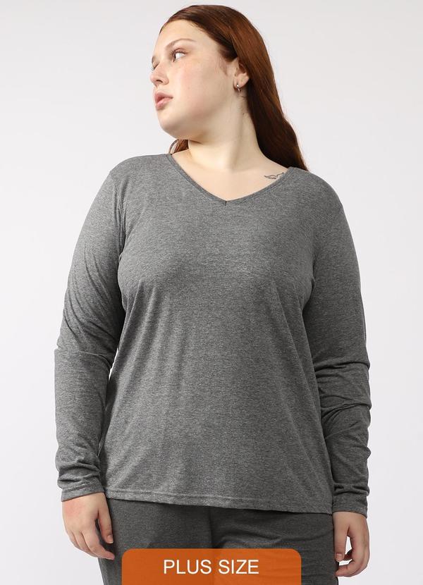 Camiseta Babylook Manga Longa Gola V Plus Cinza