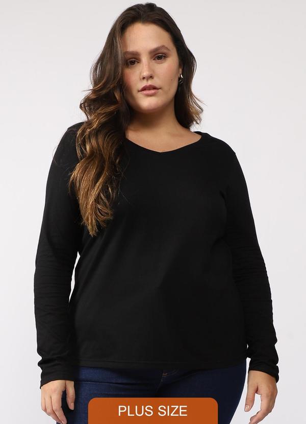 Camiseta Babylook Manga Longa Gola V Plus Preto