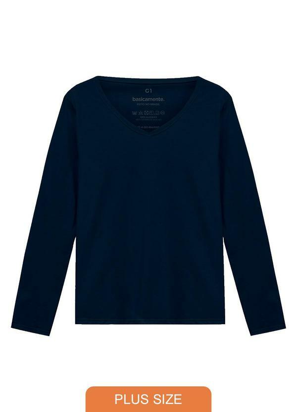 Camiseta Slim Gola V Manga Longa Plus Azul