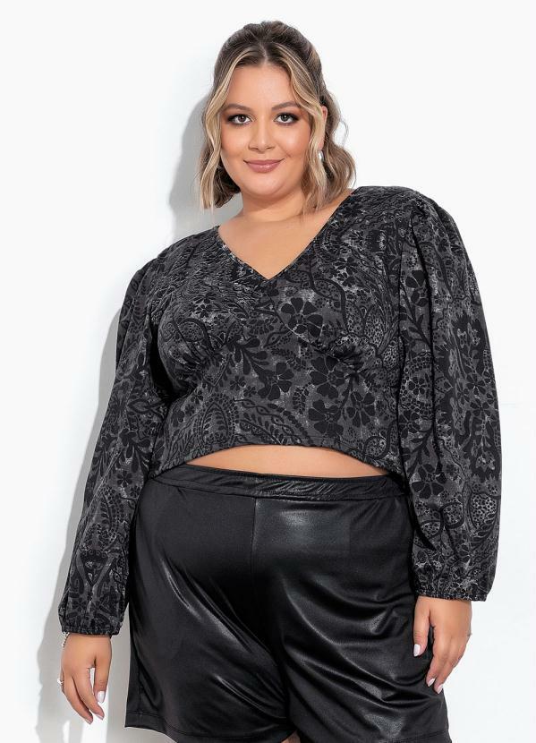 Cropped Floral Preto Mangas Bufantes Plus Size
