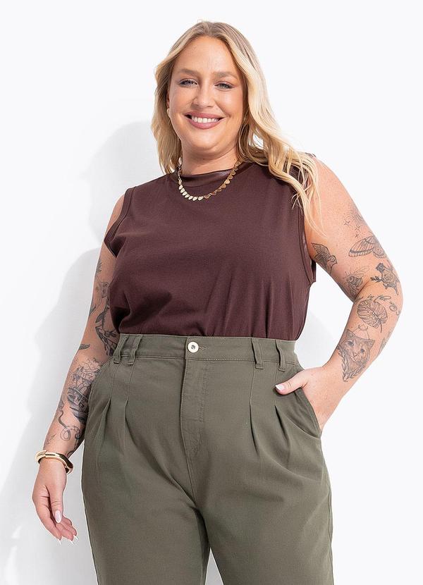 Blusa Marrom em Algodão com Friso Acetinado