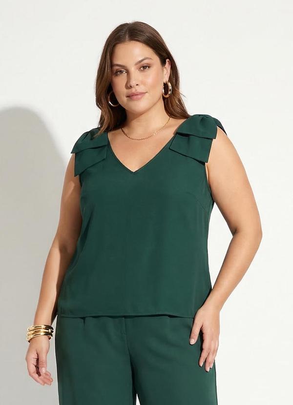 Blusa Verde Escuro em Crepe Plano com Laço